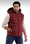 Erkek Bordo Çıkabilir Fermuarlı Kapüşon Günlük Spor Şişme Yelek