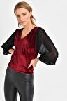 PUANTİYE TÜL KOLLU KADİFE BLUZ 