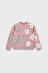 Kız Çocuk Çiçek Desenli Jakar Triko Kazak - Pudra Pembe | 6 Yaş