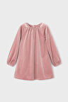 Kız Çocuk Yakası Büzgülü Kadife Elbise - Pudra Pembe | 3 Yaş