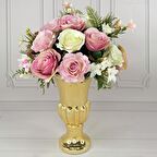 Yapay Çiçek Aranjmanı Gold Cam Antik Vazoda Pembe Güller Nişan Çiçeği İsteme Çiçeği Masa Üstü Çiçeği Arajman 