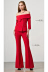 Kadın Kayık Yaka Ceket Geniş Paça Pantolon Alt-üst Kırmızı Takım
