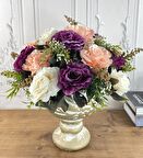 Yapay Çiçek Aranjmanı Seramik Kupa Vazoya Tanzim edilmiş Gül Ve Cipso Mürdüm Pembe Krem Renkleri