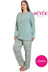Kadın Etnik Desen 3 Düğmeli Likralı Viskon Mevsimlik Uzun Kol Pijama Takımı