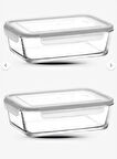 L av Cam Büyük Dikdörtgen Kilitli Saklama Kabı - 1200 cc - 2'li Set