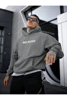 Erkek Believer Baskılı Oversize Kapşonlu Sweatshirt