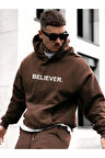 Erkek Believer Baskılı Oversize Kapşonlu Sweatshirt