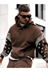 Erkek Kahverengi Kol Desenli Oversize Kapşonlu Sweatshirt