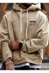 Erkek Bej Nasa Yazı Detay Baskılı Oversize Sweatshirt