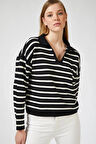 WAK Kadın Polo Yaka Çizgili Crop Triko Kazak