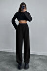 Kadın Siyah Beli Cırt Cırtlı Pileli Bol Paça Palazzo Pantolon Wide Leg