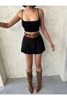Siyah Gabardin Pileli Kadın Şort Etek