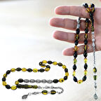 Kararmaz Metal Püsküllü Kişiye Özel İsim Yazılı Sarı-Siyah Ateş Kehribar Tesbih