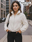 KADIN BEYAZ YÜNLÜ FERMUARLI CEKET