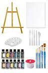 Mastermix Akrilik Boya Seti 6 Ana Renk 6 Pastel Renk Masaüstü Şövale Tuval Seti 35x50 Plastik Spatül