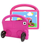 Samsung Galaxy T720 Tab S5E Uyumlu Tablet Kılıfı Wheel Car Tekerlek Standlı Kılıf Pembe