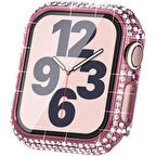Apple Watch 45 Mm Uyumlu Ekran Koruyucu & Kasa Korumalı Taşlı Luxury Şık Tasarım Koruyucu Pembe