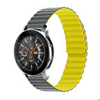 Samsung Galaxy Watch 46mm Uyumlu Kordon Suni Deri Yumuşak Soft Yüzey KRD-52 Kayış Gri-Sarı