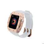 Apple Watch 7 45mm Uyumlu Kordon Metal Kasa Korumalı Silikon Luxury KRD-65 Kayış Beyaz-Rose Gold