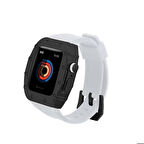Apple Watch 7 45mm Uyumlu Kordon Metal Kasa Korumalı Silikon Luxury KRD-65 Kayış Beyaz-Siyah