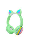 Zore CXT-950 RGB Led Işıklı Kedi Kulağı Band Tasarımı Ayarlanabilir Katlanabilir Kulak Üstü Bluetooth Kulaklık Yeşil