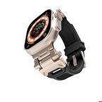 Apple Watch 7 45mm Uyumlu Kordon Metal Başlıklı Silikon Zore KRD-108 Kayış Starlight-Siyah