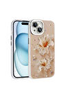 Apple iPhone 15 Uyumlu Kılıf Çiçek Desenli Parlak Taşlı Sert Silikon Zore Garden Kapak Pembe Açık