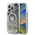 Apple iPhone 16 Pro Max Uyumlu Kılıf Hello Kitty Orjinal Lisanslı Magsafe Şarj Özellikli IML Baskı Kitty Head Logolu Sıvılı Simli Altın Ateşi Kapak