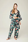 Saten 3'lü Pijama Takımı Ashley Gren Flower Pantolon Sabahlık Büstiyer