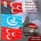 Alpaslan Türkeş-ülkü Ocakları-kırmızı Üç Hilal 100x150cm -raşel Bayrak Set - Sticker Hediyeli
