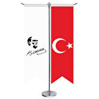 Mustafa Kemal Atatürk İmzalı Silüeti - Karakalem Ve Türkiye-kırlangıç-saten T Direk 2li Masa Bayrağı