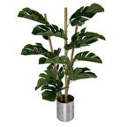 Yapay Çiçek Monstera Bambu Saplı Deve Tabanı Gümüş Saksılı Salon Çiçeği 18 Yaprak 80 cm