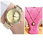 Ferrucci Gold Renk Çelik Şık Kadın Kol Saati+Çelik Kolye Hediyeli