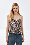 Leopar Desenli  Sırt Dekolteli Askılı Poplin Bluz