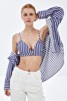 Lacivert-Beyaz Çizgili Askılı Poplin Büstiyer