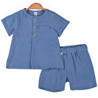 Erkek Bebek Mavi Düğmeli Müslin Şortlu Takım