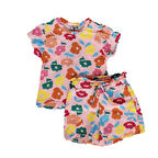 Kız Bebek Somon Renkli Çicek Baskılı Şortlu 2'li Takım