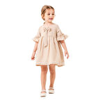 Kız Çocuk Bej Fiyonklu Kolu Fırfırlı Elbise
