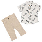 Erkek Bebek Ekru Bej Müslin Tüy Desenli Gömlekli 2'li Takım