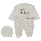 Kız Bebek Ekru Kahve Kalp Nakışlı Bereli Tulum