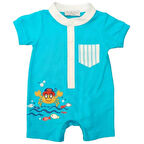 Erkek Bebek Mavi Yengeç Nakışlı Cepli Alttan Çıt Çıtlı Tulum