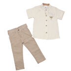 Erkek Çocuk Ekru Bej Palmiye Desenli Hakim Yaka Müslin Gömlek 2'li takım