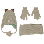 Kız Çocuk Haki Leopar Kulaklı Lovers Yazılı Atkı Bere Takımı 4-8 Yaş