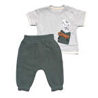 Erkek Bebek Gri Yeşil Müslin Pantolonlu Kaplan Baskılı 2'li Takım