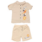Erkek Bebek Bej Hayvanlı Desenli Müslin Gömlekli 2'li Takım