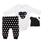 Kız Bebek Beyaz Siyah Puanlı Minili Fiyonklu Bereli 3'lü Takım