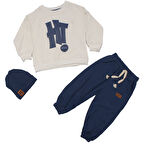 Erkek Çocuk Beyaz Mavi Hİ Baskılı Bereli 3 Lü Takım