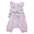 Kız Bebek Pembe Gri Yaprak Desenli Yakası Fırfırlı Paçası Lastikli Pantolonlu  2'li Takım