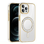 iPhone 12 Pro Kılıf Pırlanta Taş Tasarımlı M-safe Şarj Özellikli Karetta Silikon Kapak