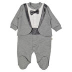 Erkek Bebek Gri Papyonlu Smokin Ceketli Tulum